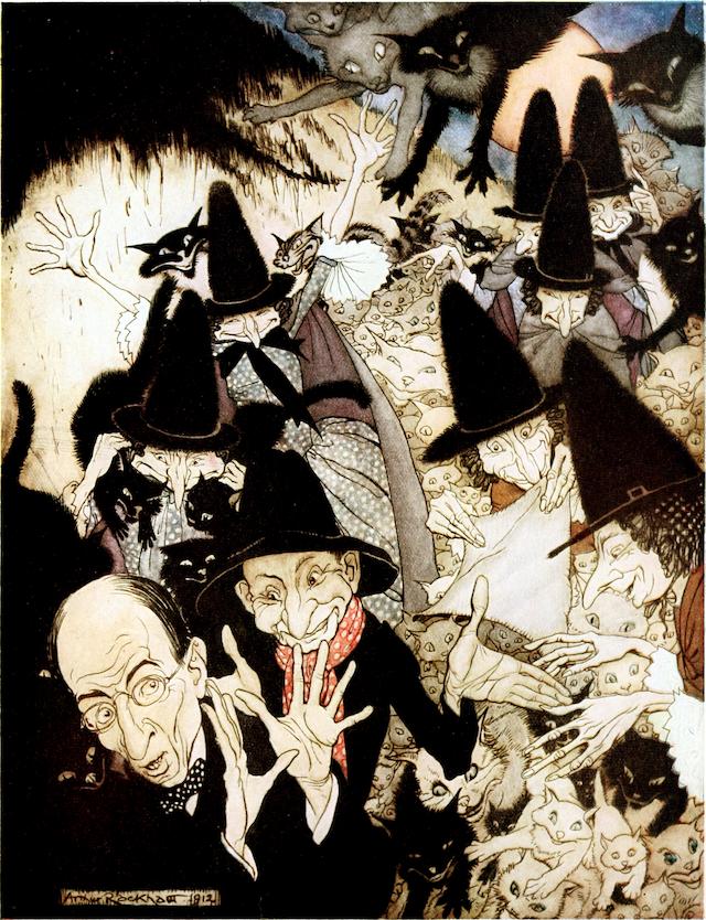 Image from 'The Rhymes of Mother Goose' in St. Nicholas, Volume 40. A smartly dressed bespectacled man holds his hands up in surprise as at least 8 wives in tall hats and innumerable sacks, cats and kits crowd the background.